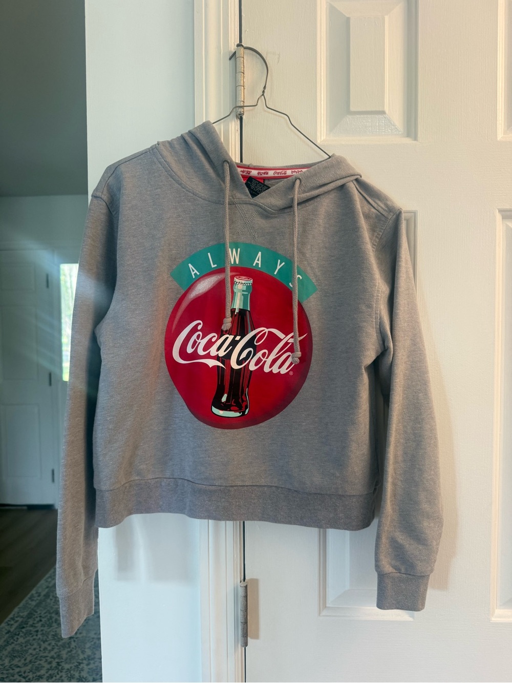 Coca Cola Gray Crewneck Sweatshirt with Red Logo and Teal Accent
